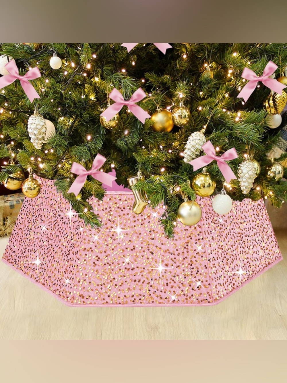 Pink Sequin Christmas Tree Skirt with Gold Accents